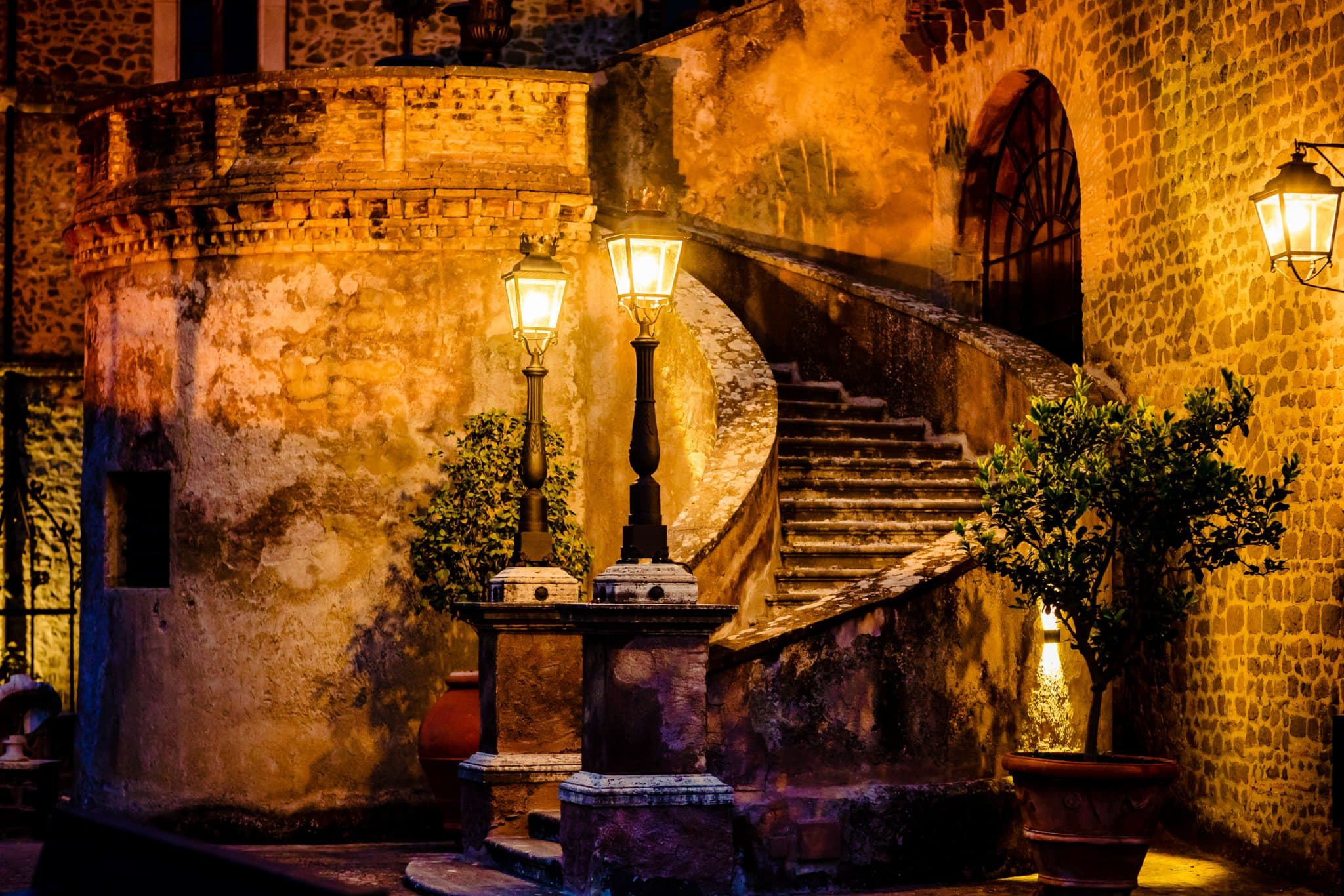 Castle stairs at night